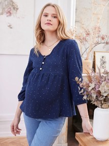 Blusa em gaze de algodão, especial gravidez e amamentação azul vivo liso