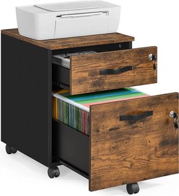 Móvel Arquivo escritório43,8 x 40 x 54,4 cm com 2 gavetas e 5 Rodas Preto e castanho-escuro