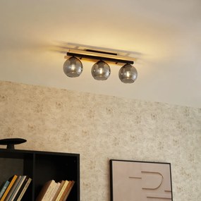 Plafon moderno preto com madeira e vidro fumado 3-luzes - Aleks