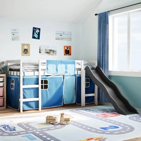 vidaXL Cama alta p/ criança c/ cortinas 90x200 cm pinho maciço azul
