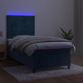 Cama box spring c/ colchão/LED 90x190 cm veludo azul-escuro