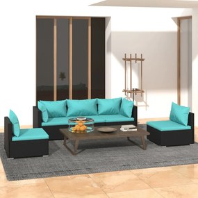 vidaXL 5 pcs conjunto lounge de jardim c/ almofadões vime PE preto