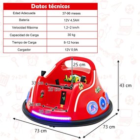 Carrinho de choques para crianças 12V com rotação de 360°, Luzes, controlo remoto, Música  73 x 73 x 43cm Vermelho