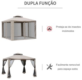 Outsunny Pérgola de Jardim 3x3m Pérgola de Exterior com Duplo Teto de Ventilação 8 Orifícios de Drenagem e 4 Telas Mosquiteiras com Fecho de Correr para Festas Pátio Marrom Cáqui