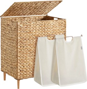 Cesto da roupa suja 56 x 40 x 70 cm com 2 compartimentos, 130 L, em jacinto-de-água, cor natural