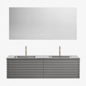 Conjunto De Móvel De Casa De Banho Suspenso Em Madeira Com Lavatórios Integrados Noura Cinza Níquel & Retangular Led E - Sklum