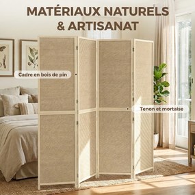 Biombo de Interior de 4 Painéis, 180 x 1,7 x 180 cm, Entrançado à Mão, cor Madeira Natural