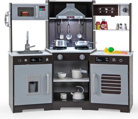 Cozinha de brincar em madeira para crianças com exaustor, exaustor de gelo, lava-loiça, torneira, forno de micro-ondas Castanha