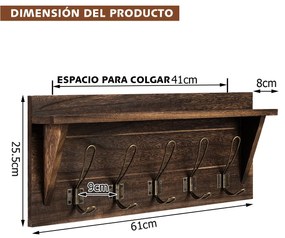 Cabide Rústico de Parede com Ganchos Metálicos e Prateleira 100% Madeira Natural Paulonia  61 x 25,5 x 8 cm Castanho