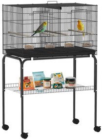 Gaiola para Pássaros com Divisória Rodas Gaiola para Aves com Comedouros Poleiros e Bandeja Removível 76x46x116 cm Preto