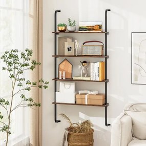 Estante de parede flutuante de 4 níveis Estante tipo escada com Moldura de metal 70 x 20,5 x 150 cm Castanho