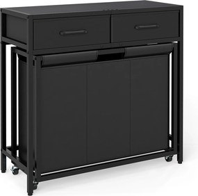 Cesto para Roupa Suja com Rodas, 80 x 32 x 77 cm, Três Compartimentos, Preto