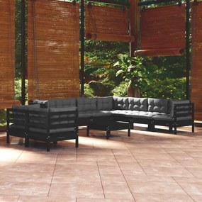vidaXL 10 pcs conjunto lounge jardim c/ almofadões pinho maciço preto