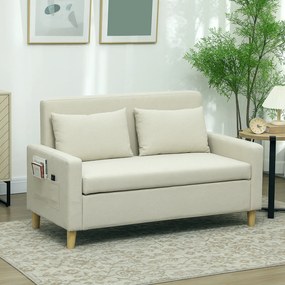 Sofá de 2 Lugares Estofado em Linho Sintético com Espaço de Armazenamento 2 Almofadas e Pés de Madeira 135x71x84 cm Bege