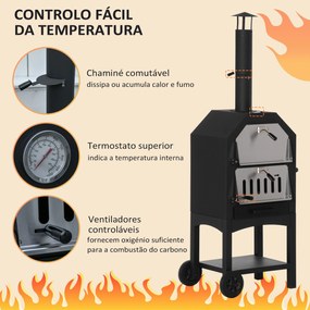 Forno de Pizza Exterior com 2 Camadas Forno a Lenha com Rodas Gaveta Removível Prateleira para Jardim 64x54x160 cm Preto