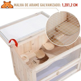 Gaiola de madeira de hamster Casa de roedores para pequenos animais 2 níveis 60x35x42cm