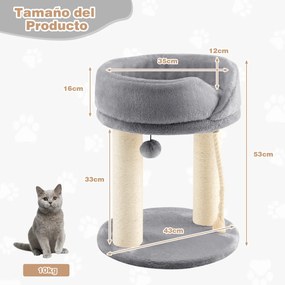 Árvore para gatos, altura 53 cm, torre para gatos 4 em 1 com plataforma de base acolchoada, bola de salto e corda de sisal Cinzento