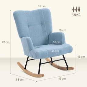Cadeira Baloiço em Borrego Poltrona para Amamentação com Encosto Capitonê e Base de Madeira 65x88x87 cm Azul Claro