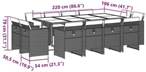 13 pcs conj. jantar jardim c/ almofadões vime PE cinzento-claro