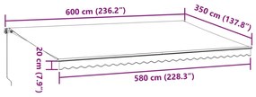 Toldo retrátil manual com luzes LED 600x350 cm castanho