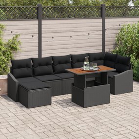 Conjunto de Sofá de Jardim 8 Peças com Almofadas Preto Rattan Poliéste