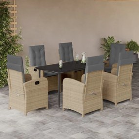 7 pcs conj. jantar jardim c/ almofadões vime PE bege misturado