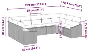 Conjunto de Sofá de Jardim de 9 Peças com Almofadas Cinza em Rattan Po