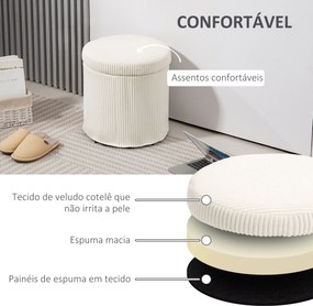 Puff de Arrumação Baú de Arrumação Redondo Estofado em Veludo Cotelê  Tampa Removível Ø40x41 cm Creme