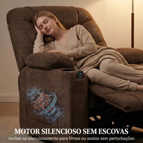 Poltrona Relax Reclinável Elétrico com Calor Lombar Massagem Vibratória Motor Silencioso Função Memória Bolsos e USB Castanho