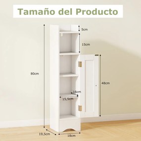 Armário estreito para casa de banho com porta e prateleiras ajustáveis, suporte para rolo de papel higiénico 18 x 19,5 x 80 cm Branco