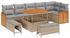 Conjunto de Sofá de Jardim de 9 Peças com Almofadas Bege Rattan Sintét
