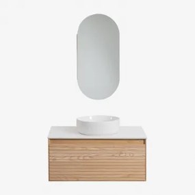Conjunto De Móvel De Casa De Banho Suspenso Em Madeira De Freixo Tedrik Castanho Fresno & Cerâmica Redonda Branca Ø40 Cm Lenka - Sklum