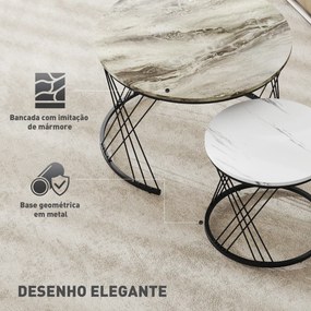 Conjunto de 2 Mesas Auxiliares Redondas com Bancada com Imitação de Mármore Estrutura de Metal  Cinzento e Branco