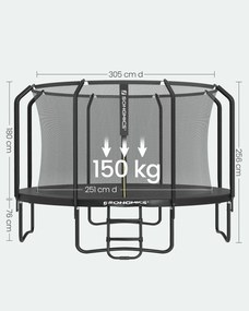 Trampolim de 305 cm de diâmetro com rede de segurança e escada preta