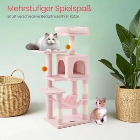 Arranhador para gatos com vários andares, com caverna, rede e 4 troncos para arranhar 45 x 35 x 112 cm rosa