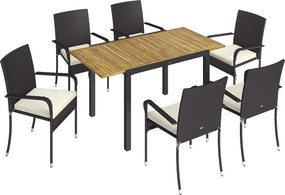 Outsunny Conjunto de Mesa e Cadeiras de Jardim em Vime 7 peças com Mesa Extensível em Madeira e 6 Cadeiras Empilháveis Creme | Aosom Portugal