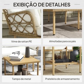 Conjunto de Jardim Exterior em Vime com 1 Sofá de Dois Lugares 1 Espreguiçadeira e 1 Mesa de Centro Madeira e Creme