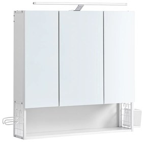 Armário de parede c/ espelho, LED, 3 portas, prateleira ajustável, secador, branco, estilo moderno