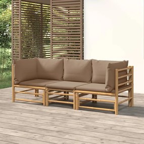 3 pcs conj. lounge jardim bambu almofadões cinzento-acastanhado