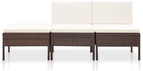 3 pcs conjunto lounge jardim c/ almofadões vime PE castanho