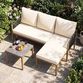 Conjunto de 3 Peças de Jardim: Sofá de 2 Lugares, Espreguiçadeira e Mesa de Centro, 118 x 171 x 64 cm, Estrutura Metálica Reforçada, Bege