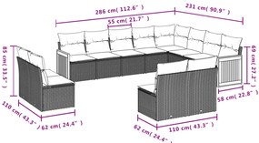 12 pcs conjunto de sofás de jardim c/ almofadões vime PE preto