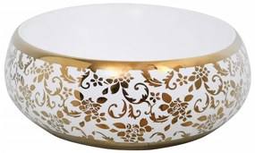 Lavatório de bancada oval 59x40x15 cm cerâmica branco e dourado