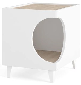 Mesa Animal Ellie - Mesa de Cabeceira para Animais - Branco/ Carvalho, orifício de entrada lateral, 1 porta. Casa do Gato e Cão, para Caixa de Areia -