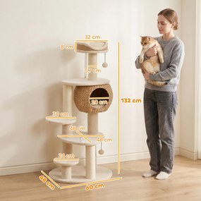 Árvore para Gatos de 4 Níveis, 60 x 48 x 132 cm, Casa em Junco Entrançado à Mão, Bege