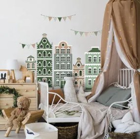 Autocolantes de parede - Casas em verde com grinaldas