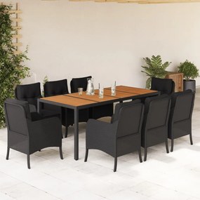 vidaXL 9 pcs conjunto de jantar p/ jardim c/ almofadões vime PE preto