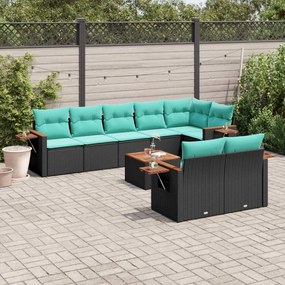 9 pcs conjunto de sofás p/ jardim c/ almofadões vime PE preto