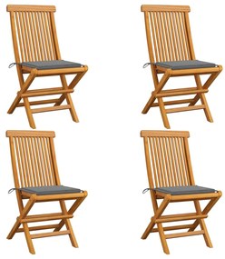 vidaXL Cadeiras de jardim c/ almofadões cinzentos 4 pcs teca maciça