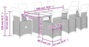 9 pcs conjunto bistrô de jardim c/ almofadões vime PE cinzento